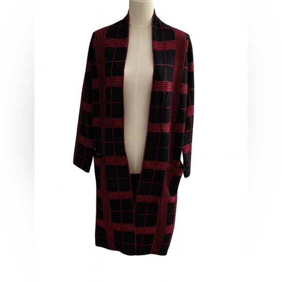 Koton Sweaters - Oversized Plaid Open Front Cardigan - Black and Red Check NWT
